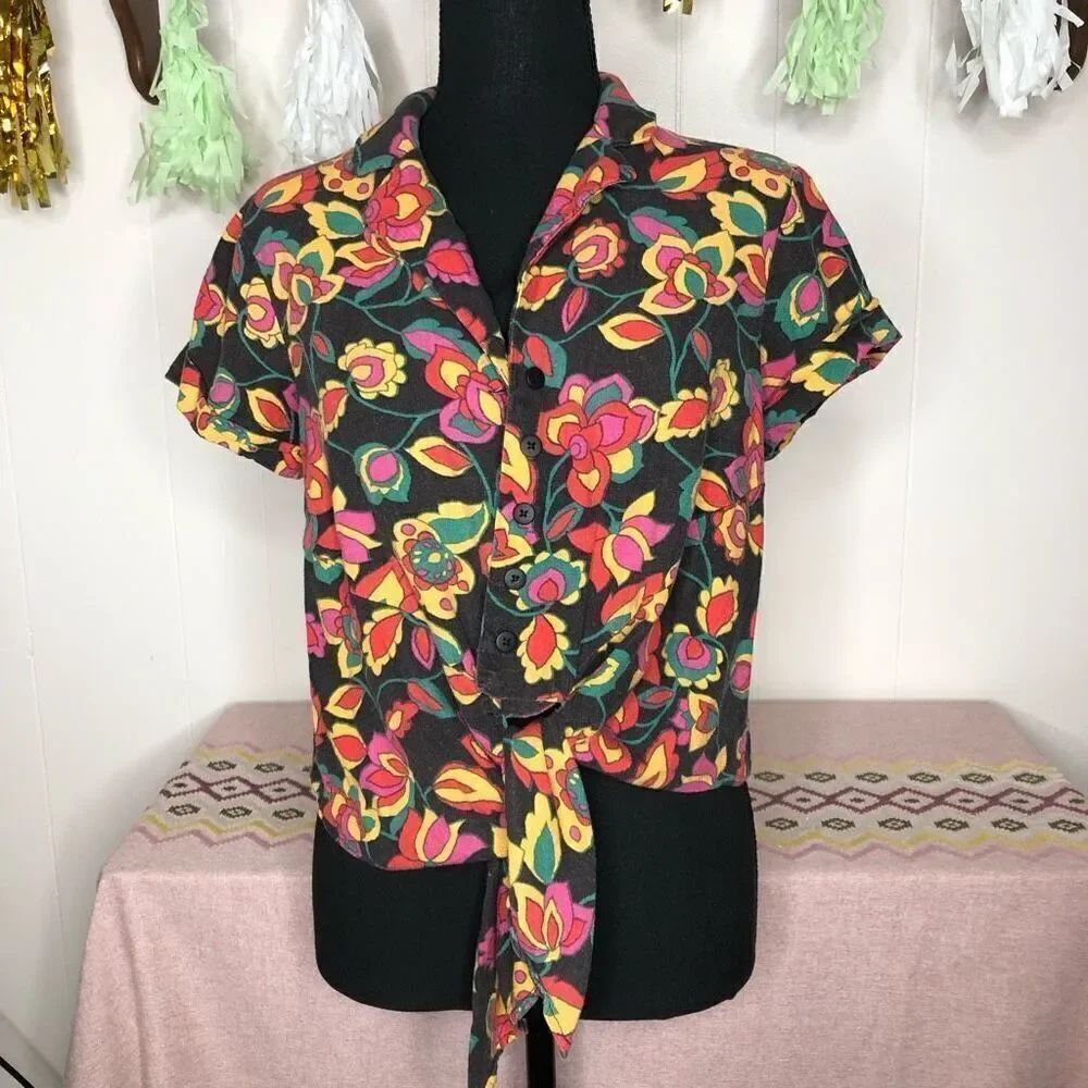 ModCloth Womens Floral Button Front Linen Tie Front Blouse Top Multicolor Small